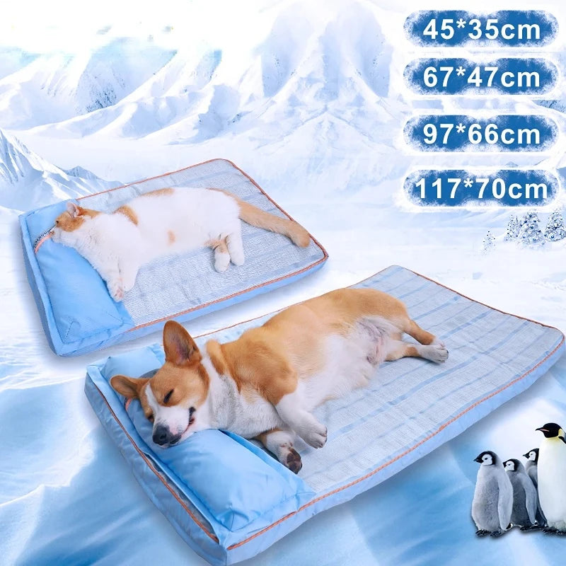 Summer Cooling Dog Bed For Large Medium Dog Puppy Orthopedic Memory Foam Mat With Pillow Breathable Waterproof Washable